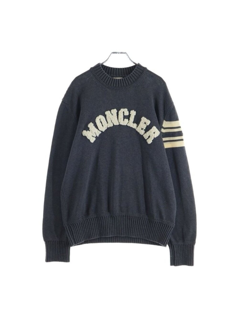 Moncler Stripe Sleeve Logo Cotton Knit Sweater Gray